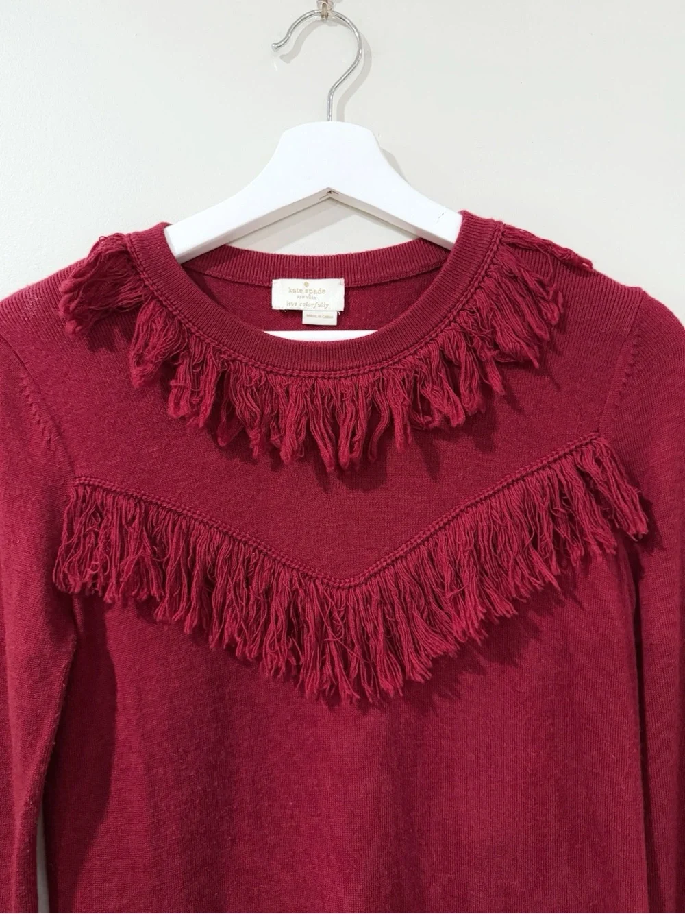 Kate Spade Women's XS Cranberry Red Wool Blend Fringe Sweater Dress Preppy Chic